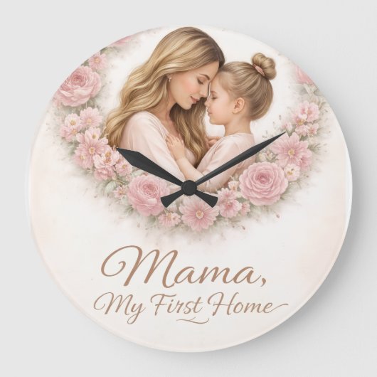Mama — 私の初めての家 | 母と娘の花柄トラベルマグ ラージ壁時計 (正面)