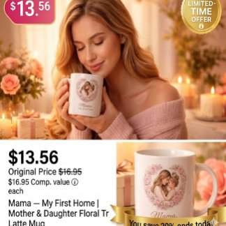 Mama — 私の初めての家 | 母と娘の花柄 ジャンボコーヒーマグカップ