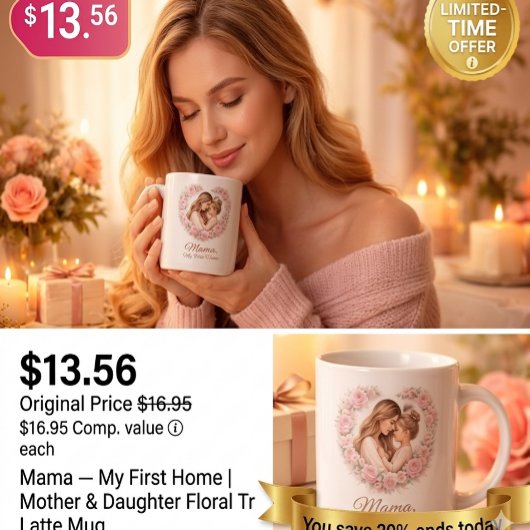 Mama — 私の初めての家 | 母と娘の花柄 ジャンボコーヒーマグカップ