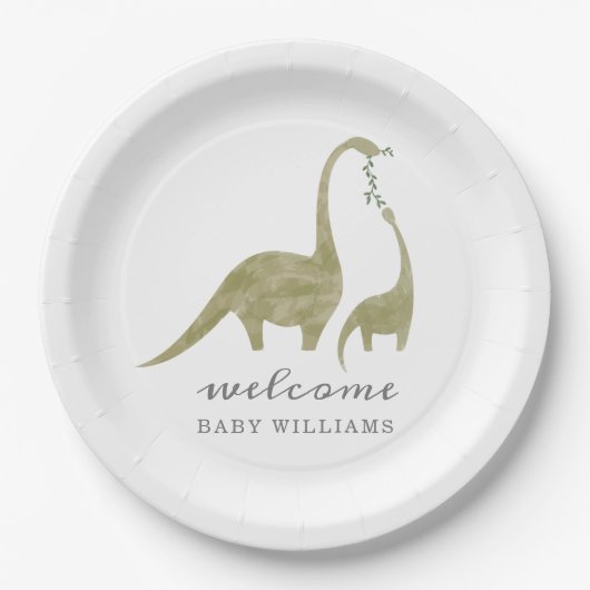 Mama and Baby Dinosaur Neutral Baby Shower ペーパープレート (正面)