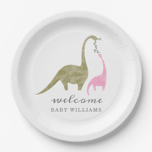 Mama and Baby Dinosaur Pink Baby Shower ペーパープレート (正面)