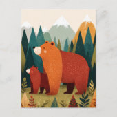 Mama Bear& Cub Cartoon Mountain Forest Landscape ポストカード (正面)