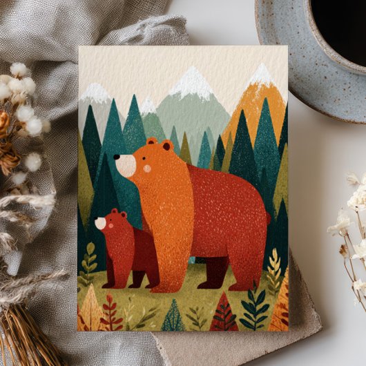 Mama Bear& Cub Cartoon Mountain Forest Landscape ポストカード