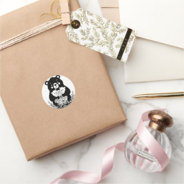 Mama Bear with Two Cubs Heart Line Art Design ラウンドシール