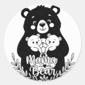 Mama Bear with Two Cubs Heart Line Art Design ラウンドシール (正面)