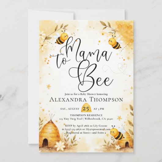 Mama Bee Summer Hive Bumblebee Script Baby Shower 招待状 (正面)