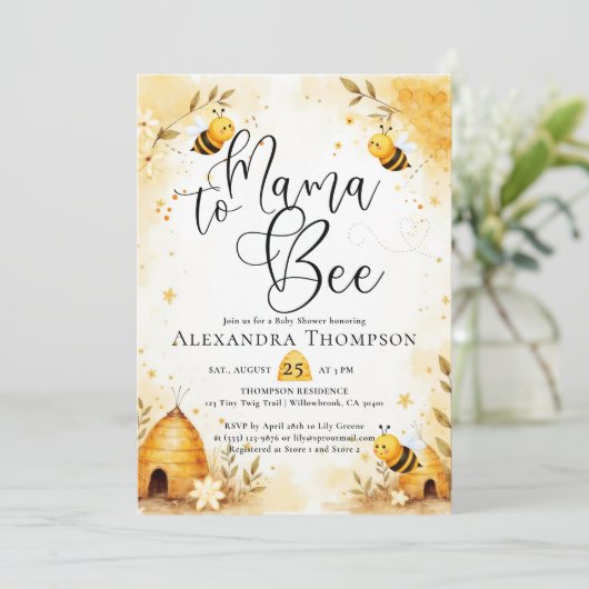 Mama Bee Summer Hive Bumblebee Script Baby Shower 招待状 (スタンド正面)