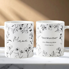 Mama Custom Quote Black White Floral Line Art  コーヒーマグカップ