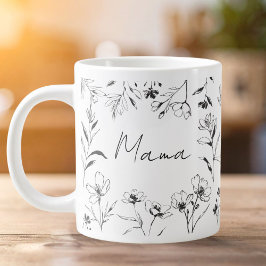 Mama Custom Quote Black White Floral Line Art  ジャンボコーヒーマグカップ