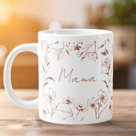 Mama Custom Quote Brown White Floral Line Art  ジャンボコーヒーマグカップ