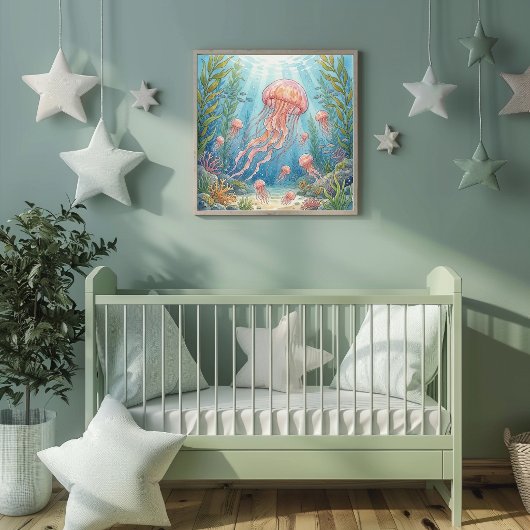 Mama Jellyfish and Babies Nursery ポスター