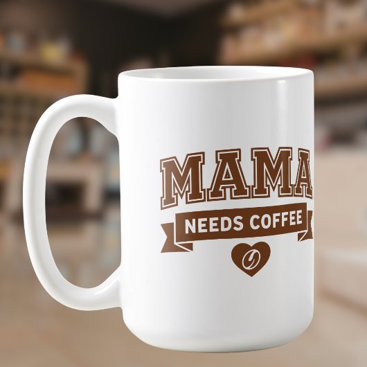 MAMA Needs Coffee Brown White Heart Coffee Bean コーヒーマグカップ