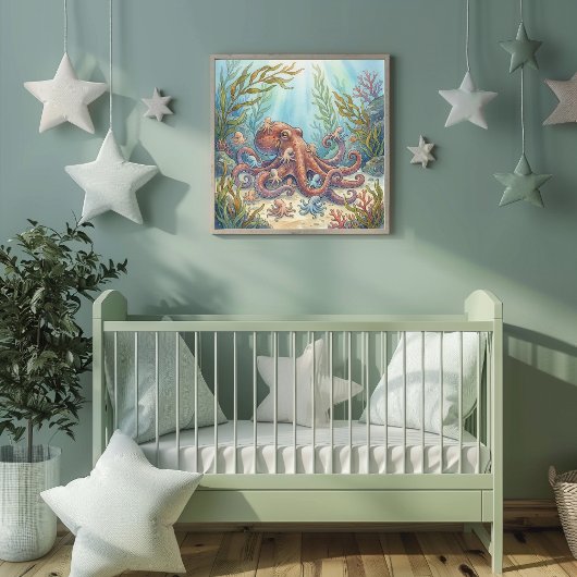 Mama Octopus and Babies Nursery ポスター
