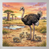 Mama Ostrich and Chicks Nursery Poster ポスター (正面)