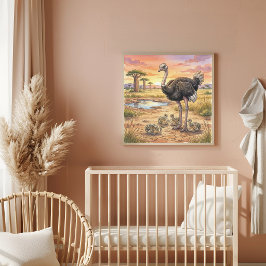 Mama Ostrich and Chicks Nursery Poster ポスター