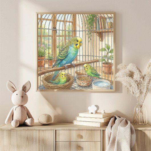 Mama Parekeet and Chicks Nursery ポスター