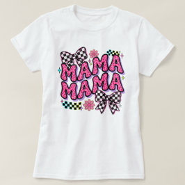 Mama Pink Leopard Print Checkerboard Bow T-Shirt T Tシャツ