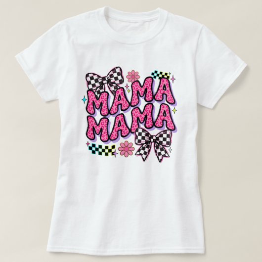 Mama Pink Leopard Print Checkerboard Bow T-Shirt T Tシャツ (デザイン正面)