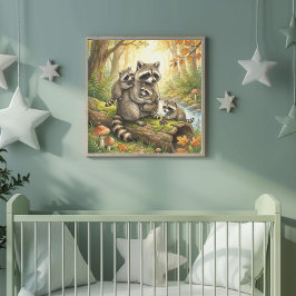 Mama Raccoon and Her Babies Nursery ポスター