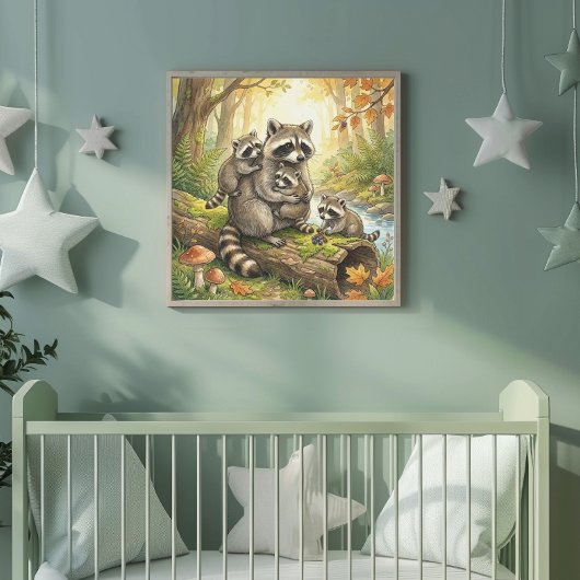 Mama Raccoon and Her Babies Nursery ポスター