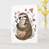 Mama Slothとベビー母の日のハートの形をした写真 カード (黄色い花)
