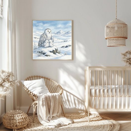 Mama Snowy Owl and Owlets Nursery ポスター