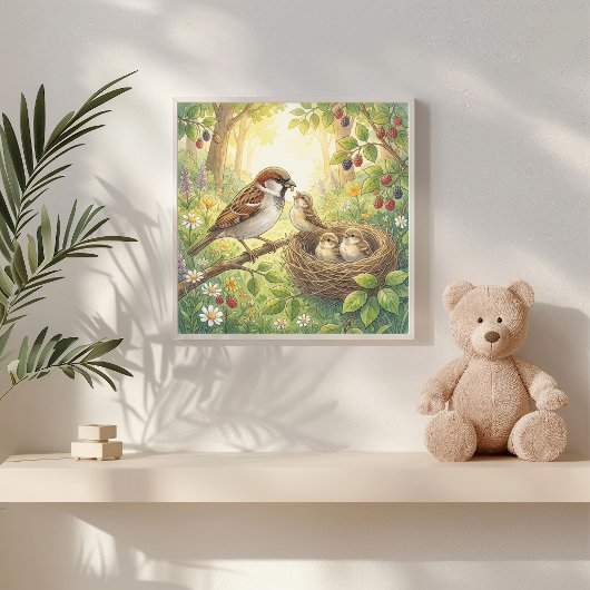 Mama Sparrow and Chicks Nursery ポスター