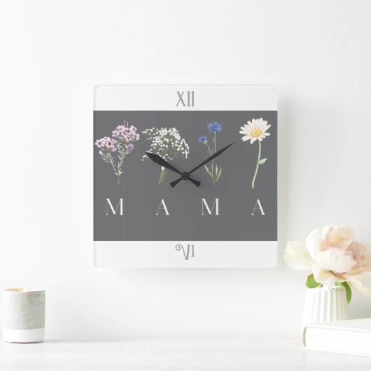 Mama Wildflower Mother’s Day & Birthday スクエア壁時計 (ホーム)