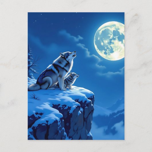 Mama Wolf and her Cub Howling at Moon ポストカード (正面)