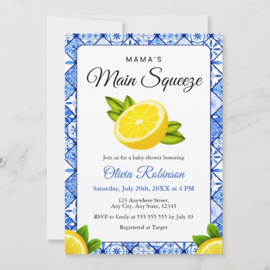 Mama's Main Squeeze Blue Tile Lemon Baby Shower  招待状 (正面)