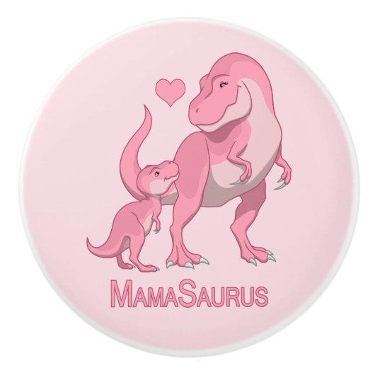 MamaSaurusのTレックスおよび女の赤ちゃんの恐竜 セラミックノブ (正面)