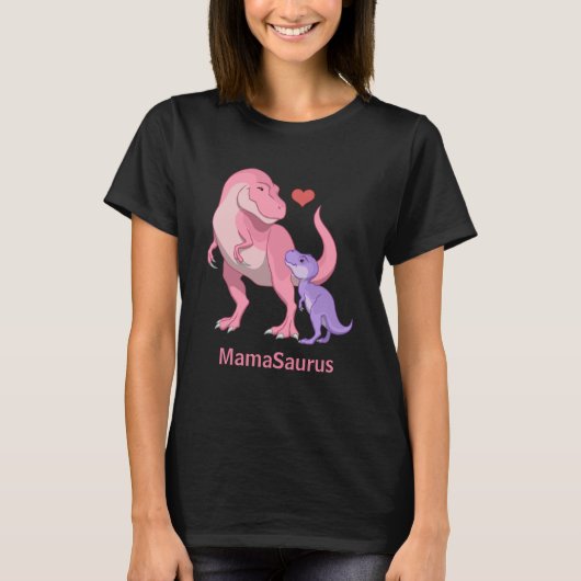 MamaSaurusピンクTレックスと紫のベビー恐竜 Tシャツ (正面)