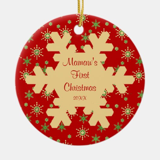 Mamawの初めてのクリスマスの赤い雪片のオーナメント セラミックオーナメント (正面)