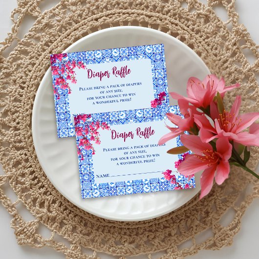 Mamma Mia Blue Tile Pink Flower Diaper Raffle Game エンクロージャーカード