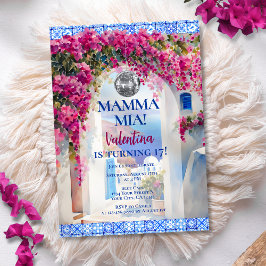 Mamma Mia Greek Island Pink Flowers Disco Birthday 招待状