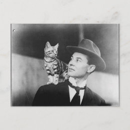 Man and cat black and white postcard ポストカード