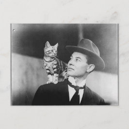 Man and cat black and white postcard ポストカード