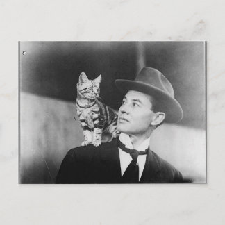 Man and cat black and white postcard ポストカード