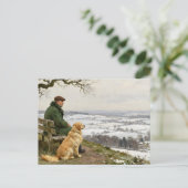 Man and Dog Enjoying Winter Countryside Vista ポストカード (スタンド正面)