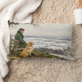 Man and Dog Enjoying Winter Countryside Vista ランバークッション (ブランケット)