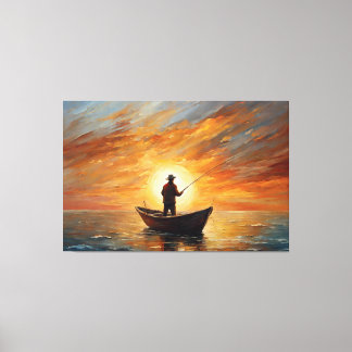 Man fishing inside the boat with a sunset キャンバスプリント