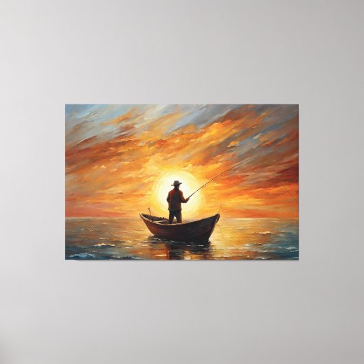 Man fishing inside the boat with a sunset キャンバスプリント (正面)