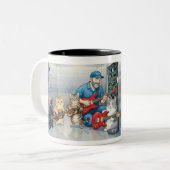 Man fixing elevator and playing guitar with cats ツートーンマグカップ (正面左)