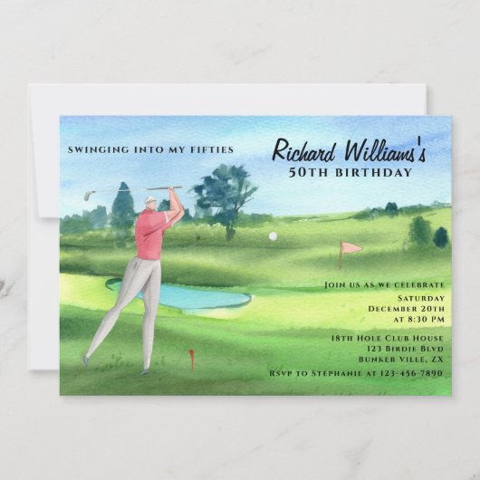 Man Golf Player Swinging Fifties 50th Birthday 招待状 (正面)