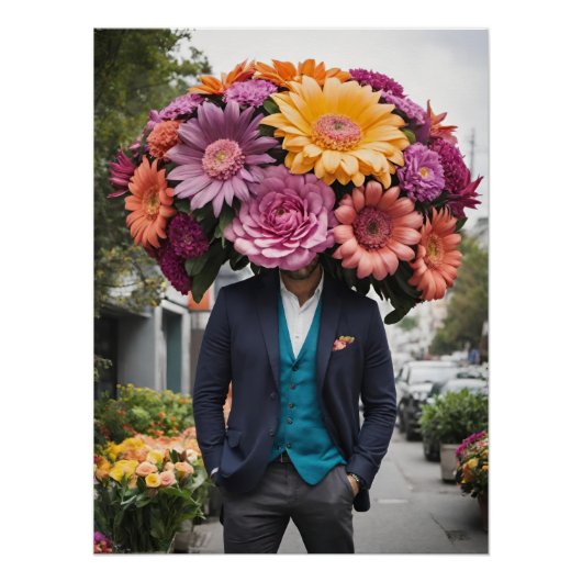 Man In Suit With Head Covered In Flowers ポスター (正面)