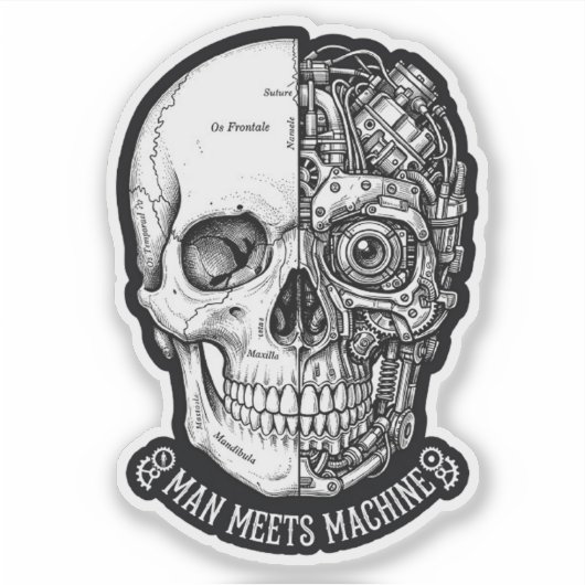 Man Meets Machine Skull Sticker Biker Cyborg DecAL シール (正面)