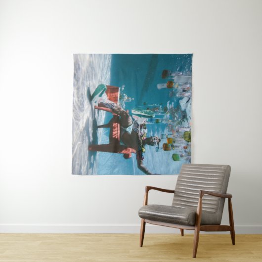 Man sitting on chair underwater with floating bott タペストリー (インサイチュ(横))