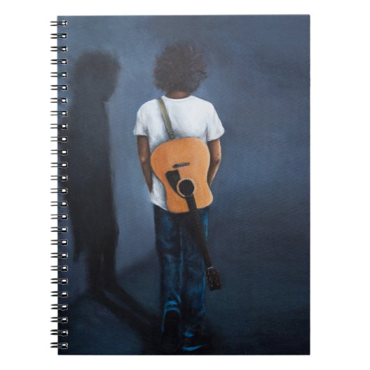 「Man with Guitar」ブルーとブラックのノート ノートブック (正面)