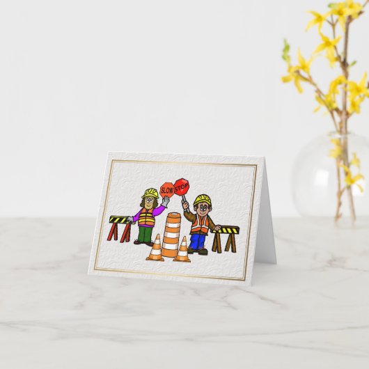 Man Woman Road Workers Romantic Greeting Card      カード (黄色い花)