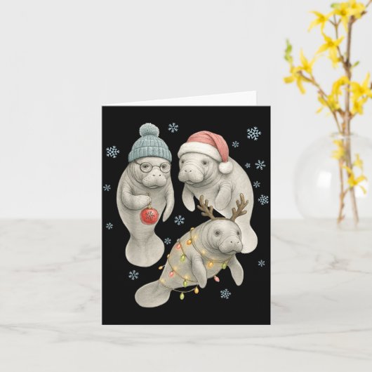 Manatee Christmas Manatee Santa Reindeer Lights Wo カード (黄色い花)